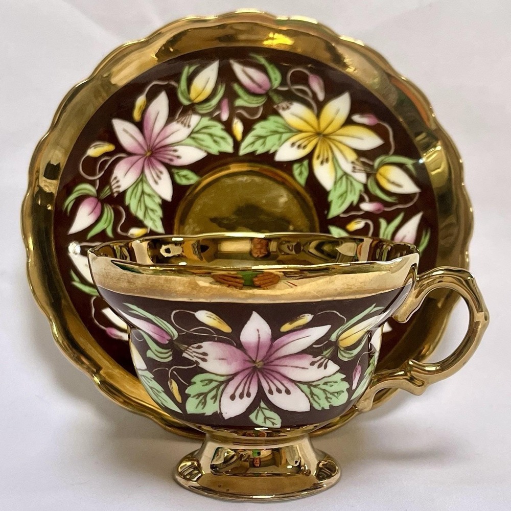 Vintage Rosina Tea Cup & Saucer Hand Painted Copper Luster Floral Bone China